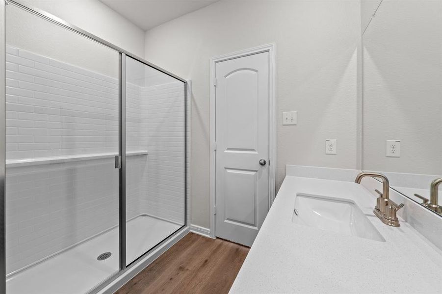 Bathroom with vanity, hardwood / wood-style flooring, and a shower with shower door