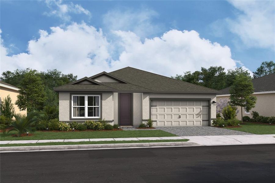 Front exterior of a new home in Aspire at Canter Creek, Davenport, FL, highlighting curb appeal (Image 1). Front exterior of a new home in Aspire at Canter Creek, Davenport, FL, highlighting curb appeal (Image 1).