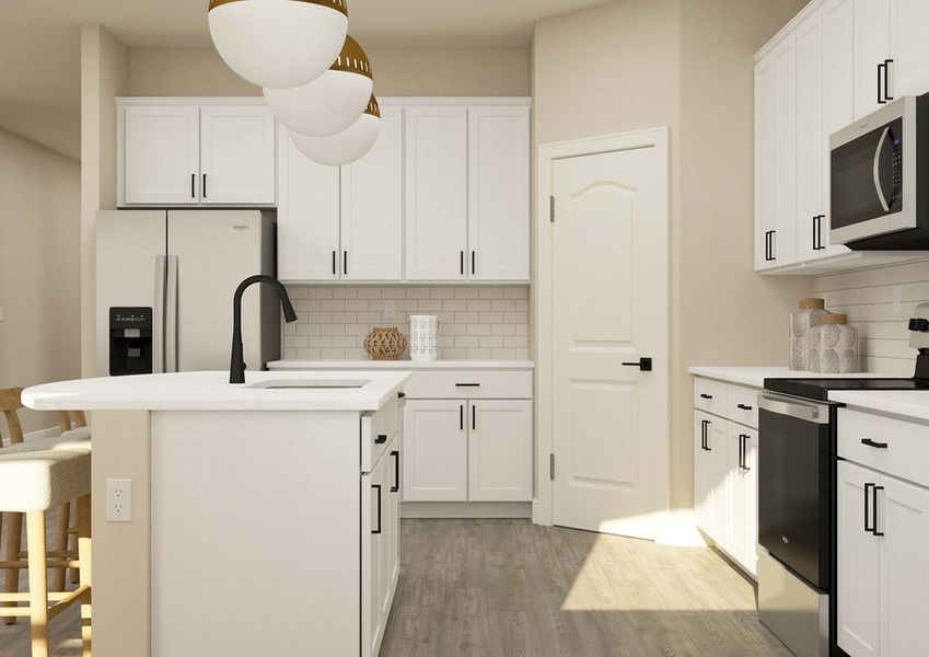 Rendering of a kitchen with stainless steel appliances. Rendering of a kitchen with stainless steel appliances.