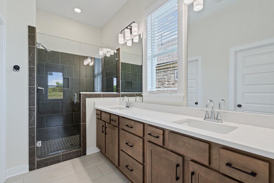 Bathroom featuring a glass-enclosed shower with dark tile surround, a dual vanity with white countertops, and wood-finish cabinetry with dark hardware Bathroom featuring a glass-enclosed shower with dark tile surround, a dual vanity with white countertops, and wood-finish cabinetry with dark hardware