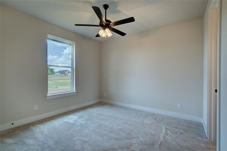 Unfurnished room featuring ceiling fan and carpet flooring