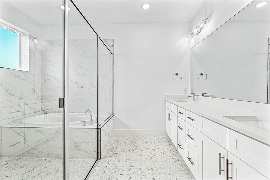 Full bath with a bath, double vanity, a marble finish shower, and recessed lighting