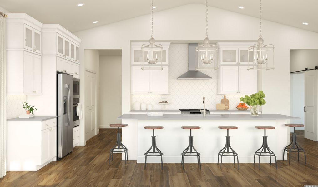 Kitchen with upper glass cabinets & vast island