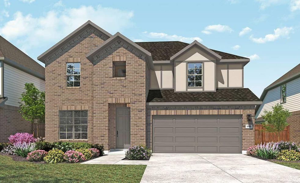 View of front of house with brick siding, driveway, a shingled roof, and an attached garage