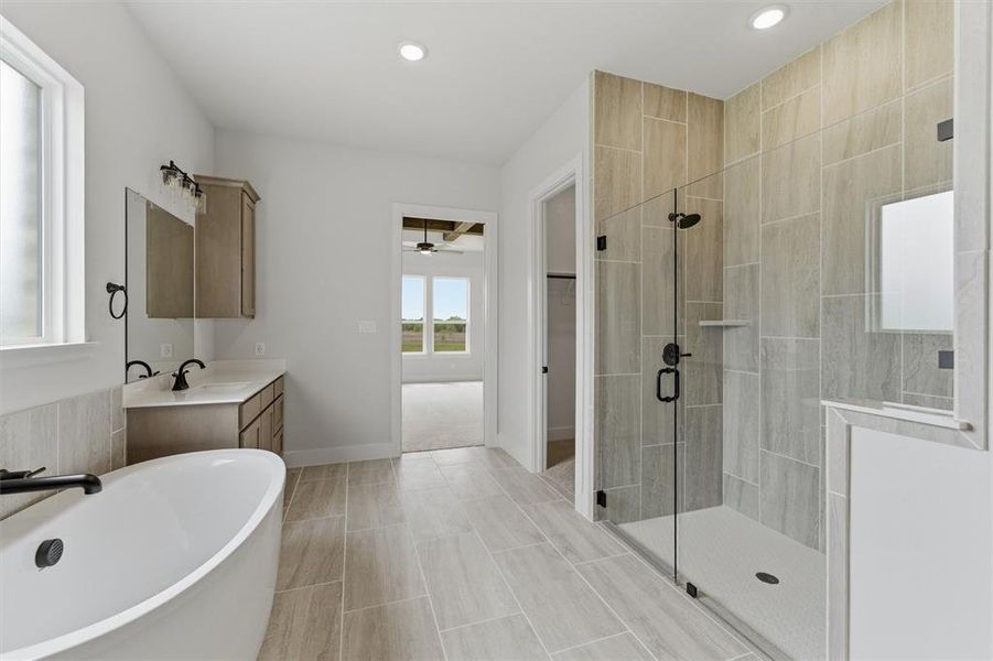 Bathroom featuring vanity, a shower stall, a freestanding tub, ceiling fan, and recessed lighting