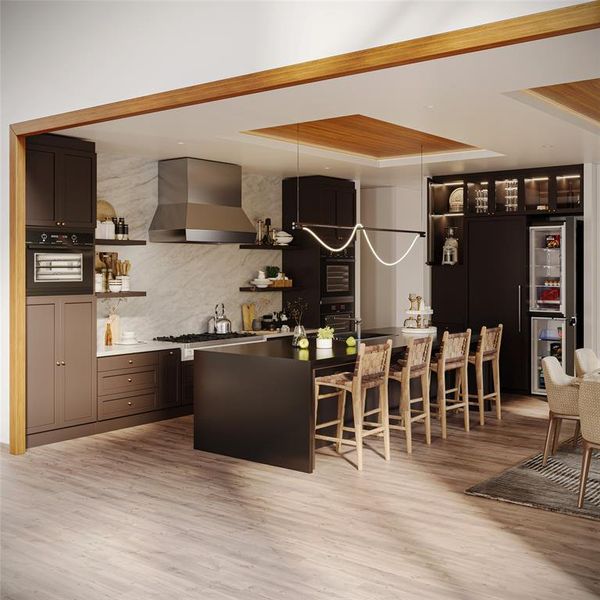 Bar with wall chimney exhaust hood, a raised ceiling, oven, and light hardwood / wood-style flooring