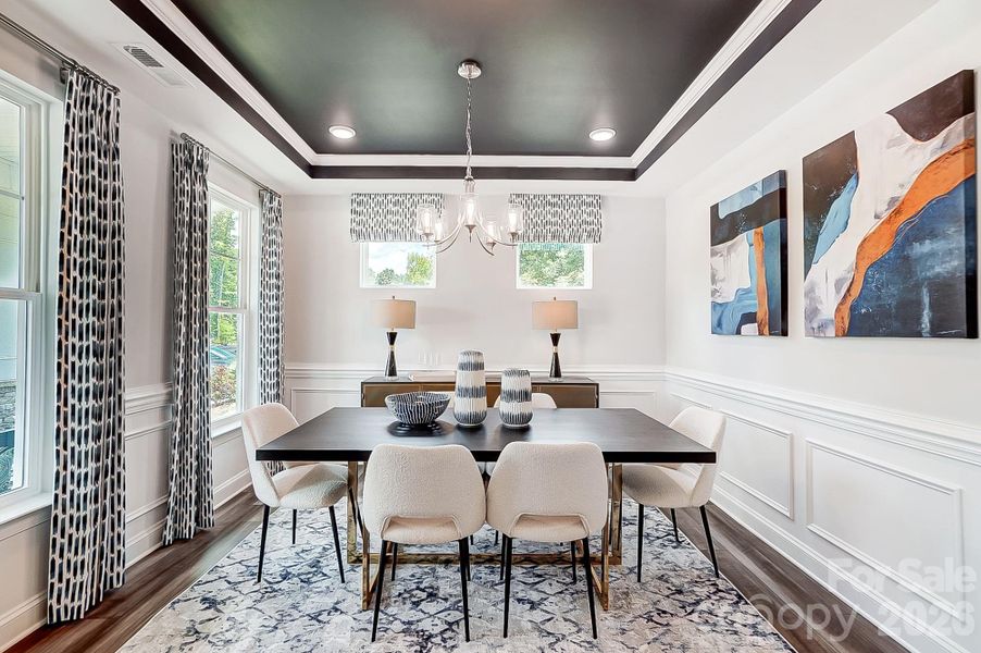 Dining room with tray ceiling & wainscoting