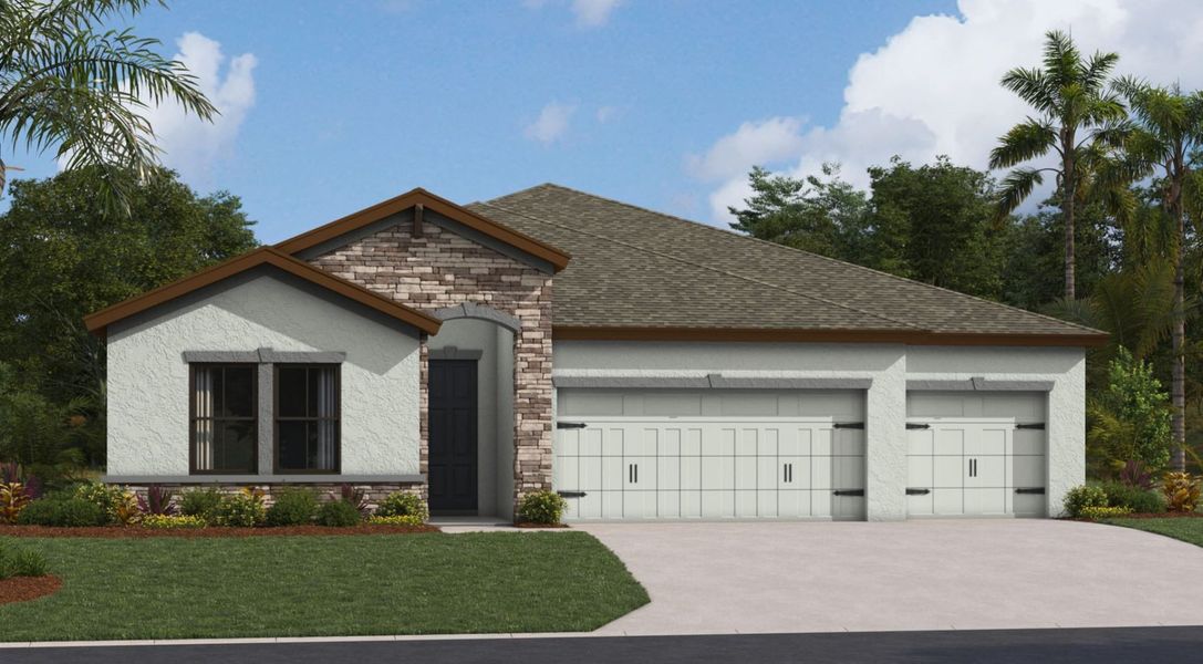 Front exterior of a new home in Caldera, Spring Hill, FL, highlighting curb appeal (Image 1). Front exterior of a new home in Caldera, Spring Hill, FL, highlighting curb appeal (Image 1).