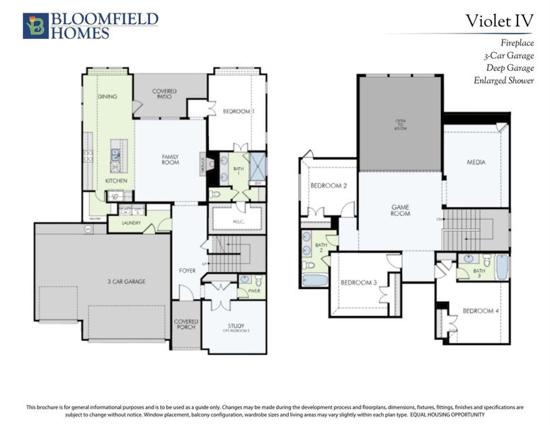 Bloomfield Homes Violet IV two-story floor plan with 4 bedrooms, 3-car garage, game room, and media room.