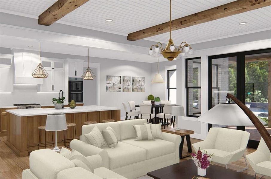 Living room featuring light wood finished floors, recessed lighting, beamed ceiling, and a chandelier