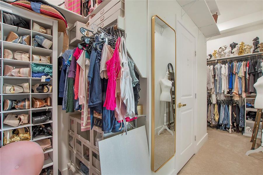 Walk in closet with carpet flooring Walk in closet with carpet flooring