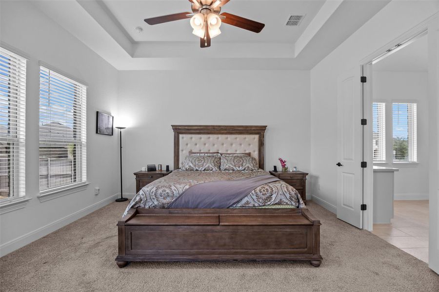 A tray ceiling and abundant natural light create a peaceful and spacious primary bedroom retreat. A tray ceiling and abundant natural light create a peaceful and spacious primary bedroom retreat.