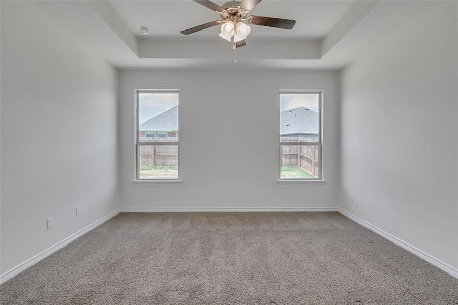 Primary suite featuring plenty of natural light, ceiling fan, and carpet floors