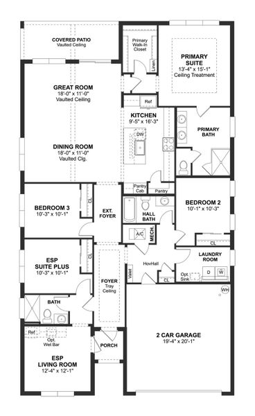 2D floor plan layout for the Pasadena ESP by K. Hovnanian® Homes in Salerno Reserve - Single Family, Stuart, FL (Image 3).