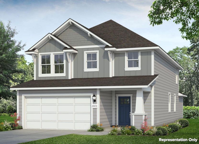 Front exterior of a new home in Hymeadow, San Marcos, TX, highlighting curb appeal (Image 1). Front exterior of a new home in Hymeadow, San Marcos, TX, highlighting curb appeal (Image 1).