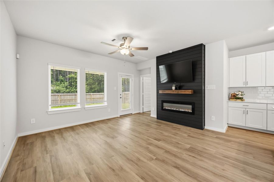 Large electric fireplace in living room. Large electric fireplace in living room.