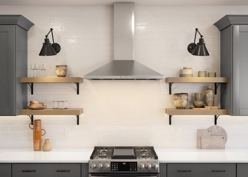 Kitchen with subway tile backsplash and stainless steel hood Kitchen with subway tile backsplash and stainless steel hood