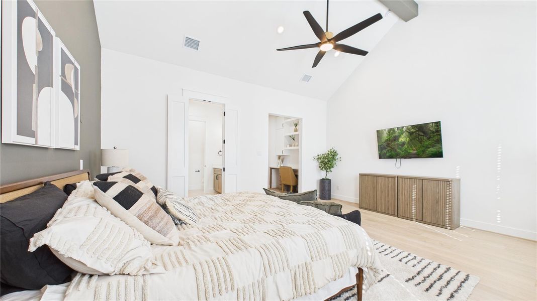 Primary Bedroom **Photo of model home with upgrade: accent wall**