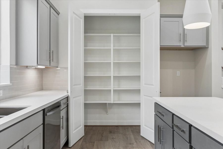 tall and wide pantry with built ins for maximum convenience.