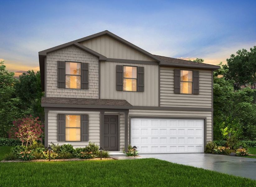 Front exterior of a new home in The Reserve at Four Oaks, Four Oaks, NC, highlighting curb appeal (Image 1). Front exterior of a new home in The Reserve at Four Oaks, Four Oaks, NC, highlighting curb appeal (Image 1).