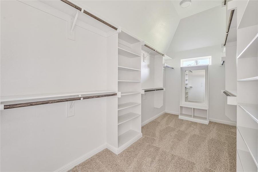 Walk in closet featuring light carpet