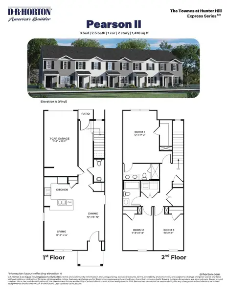 2D floor plan layout for the Pearson by D.R. Horton in The Townes at Carter Ridge, Greenville, NC (Image 3).