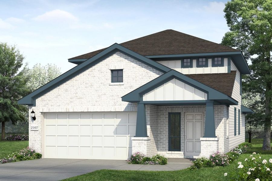 Representative exterior photo of a completed home built from the Hunters Ranch 2107 by Brohn Homes in Hunters Ranch, San Antonio, TX (Image 2). Representative exterior photo of a completed home built from the Hunters Ranch 2107 by Brohn Homes in Hunters Ranch, San Antonio, TX (Image 2).