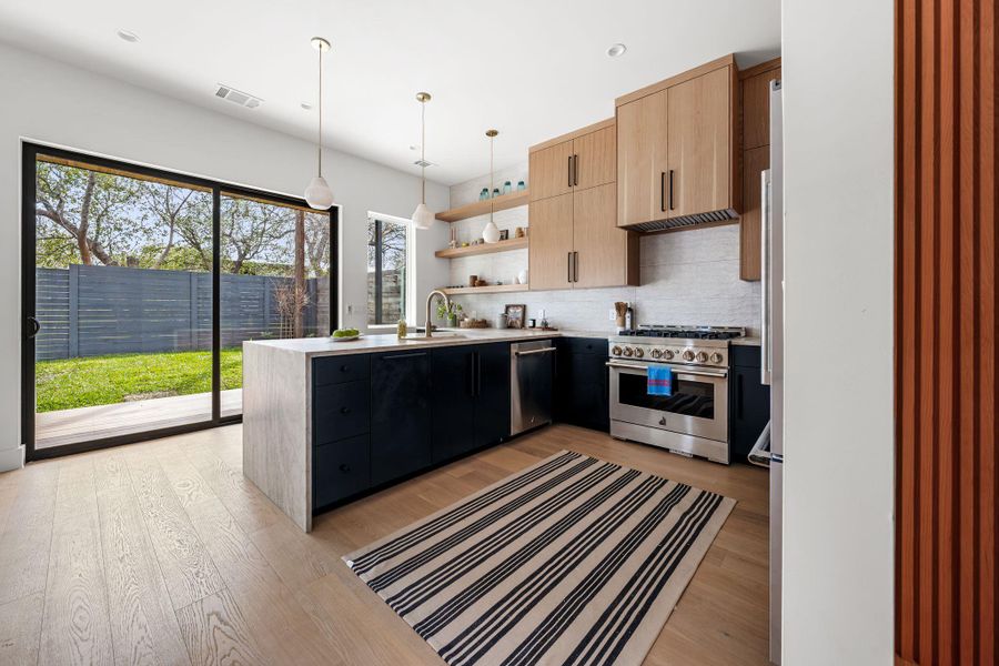 Sliders opening to backyard deck