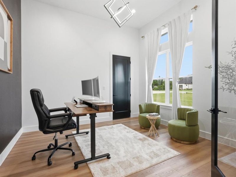 Dedicated office featuring wood-finish flooring, a contemporary overhead light fixture, a black interior door, and tall windows with transom detailing