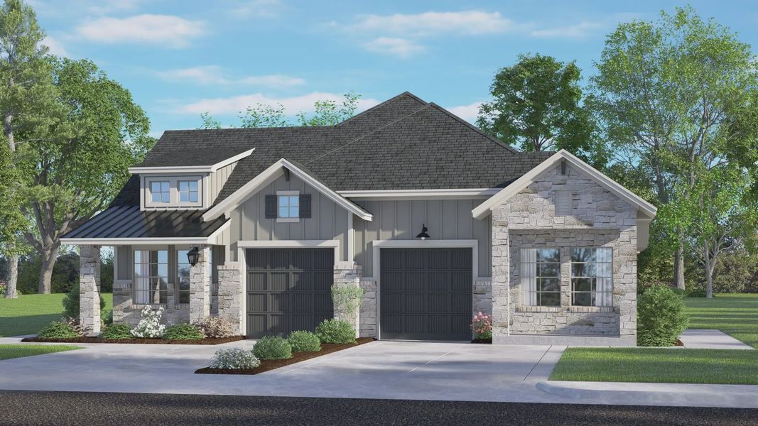 Front exterior of a new home in Meridiana Townhomes, Rosharon, TX, highlighting curb appeal (Image 1). Front exterior of a new home in Meridiana Townhomes, Rosharon, TX, highlighting curb appeal (Image 1).