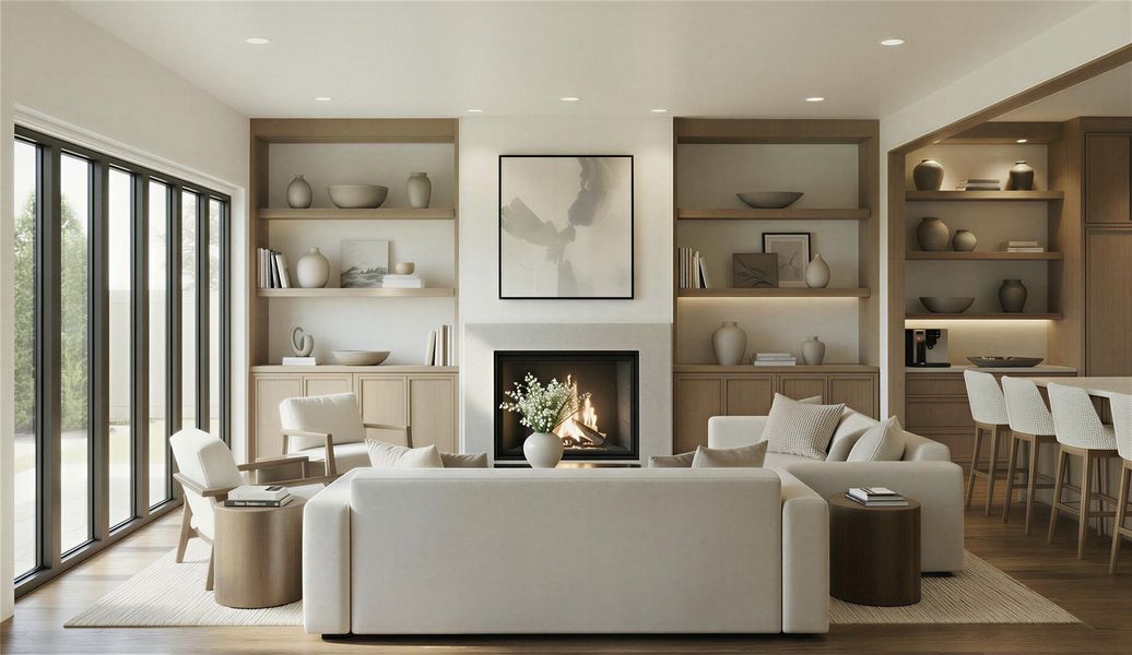 Rendering: Living room is accented by accordion doors opening to the patio.