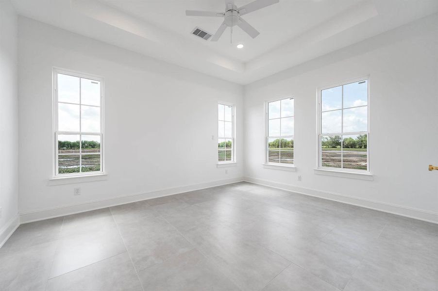 Spacious bedroom with a raised ceiling and large windows that bring in plenty of natural light.