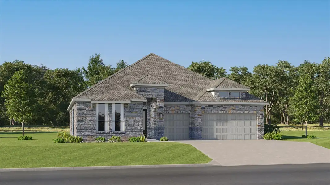Front exterior of a new home in Lively Ranch, Georgetown, TX, highlighting curb appeal (Image 2). Front exterior of a new home in Lively Ranch, Georgetown, TX, highlighting curb appeal (Image 2).