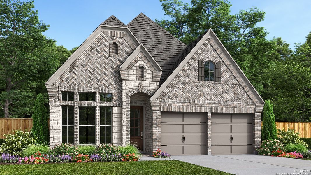 Front exterior of a new home in Kallison Ranch 45', San Antonio, TX, highlighting curb appeal (Image 1). Front exterior of a new home in Kallison Ranch 45', San Antonio, TX, highlighting curb appeal (Image 1).