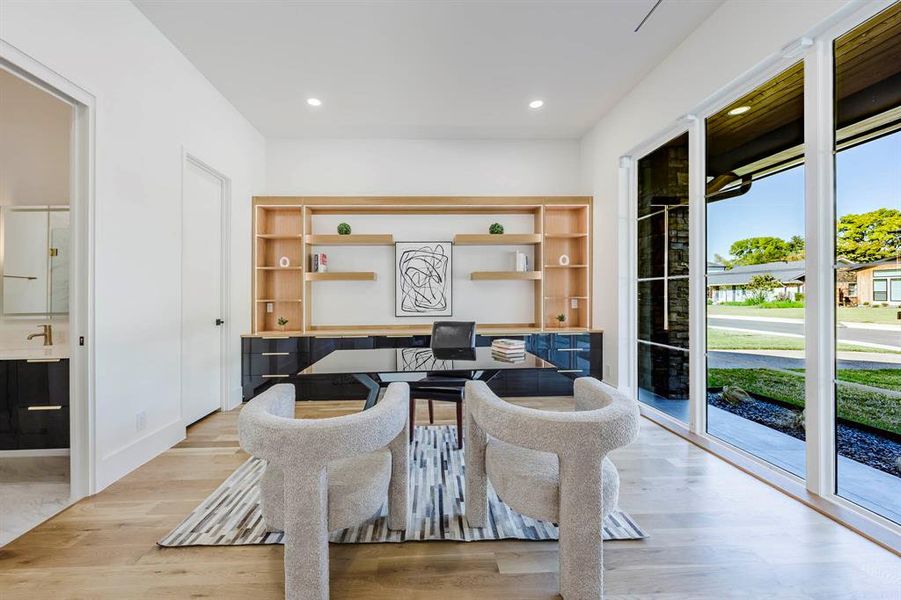 Office featuring light wood-type flooring and recessed lighting Office featuring light wood-type flooring and recessed lighting