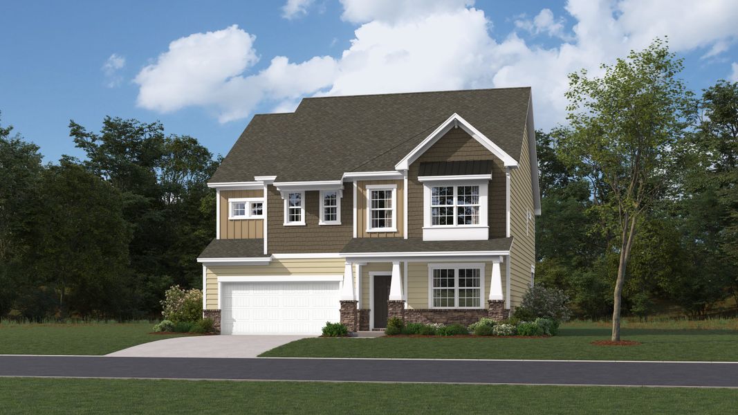 Front exterior of a new home in Shadow Stone, Simpsonville, SC, highlighting curb appeal (Image 1).