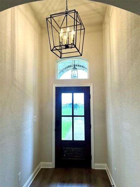 Entryway with dark wood-style flooring, plenty of natural light, a chandelier, and baseboards Entryway with dark wood-style flooring, plenty of natural light, a chandelier, and baseboards