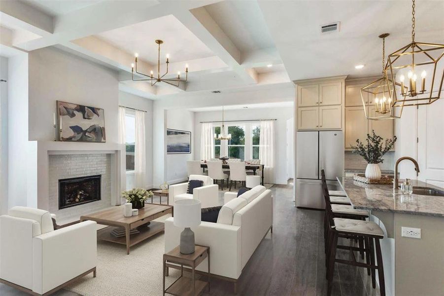 Living area with a chandelier, coffered ceiling, dark wood-style flooring, beam ceiling, and a brick fireplace