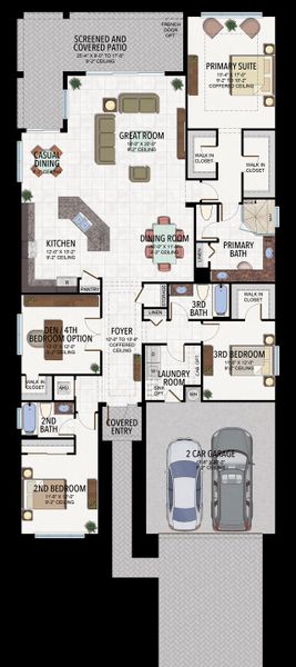 2D floor plan layout of this home in Valencia Parc at Riverland, Port St. Lucie, FL (Image 2).