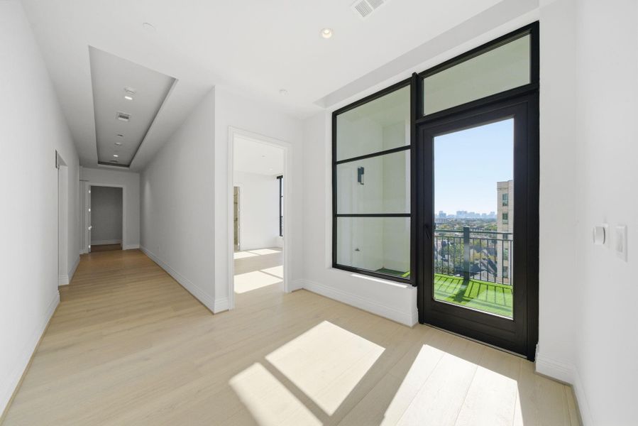 Entering off the private elevator, you are greeted with the covered balcony, facing Medical Center. Entering off the private elevator, you are greeted with the covered balcony, facing Medical Center.