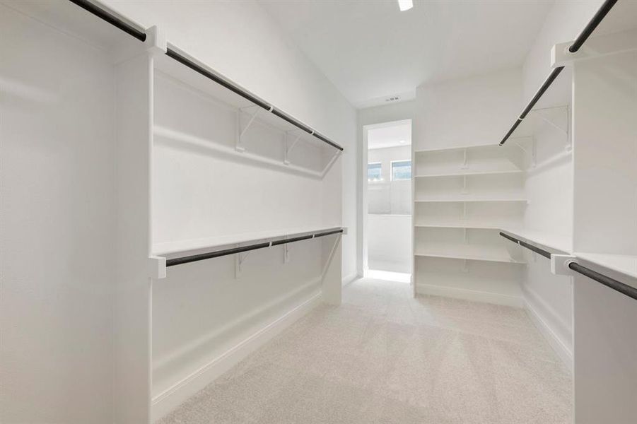 Expansive walk-in closet featuring white built-in shelving, black hanging rods, and light-colored carpeting Expansive walk-in closet featuring white built-in shelving, black hanging rods, and light-colored carpeting