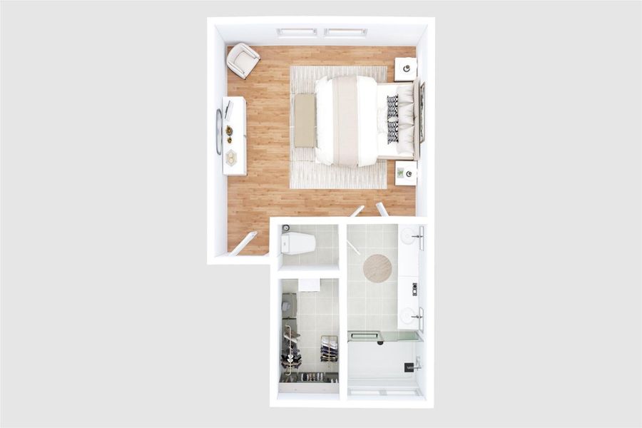 Above Digital Rendering of the layout for the Primary Bedroom/Bathroom Above Digital Rendering of the layout for the Primary Bedroom/Bathroom