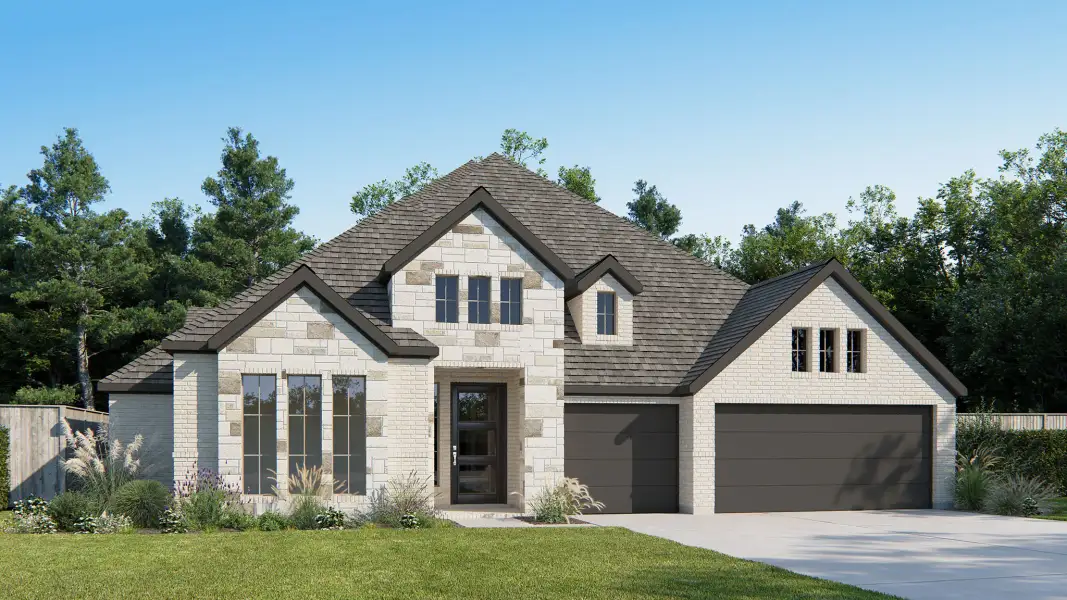 Front exterior of a new home in The Highlands, Porter, TX, highlighting curb appeal (Image 1). Front exterior of a new home in The Highlands, Porter, TX, highlighting curb appeal (Image 1).