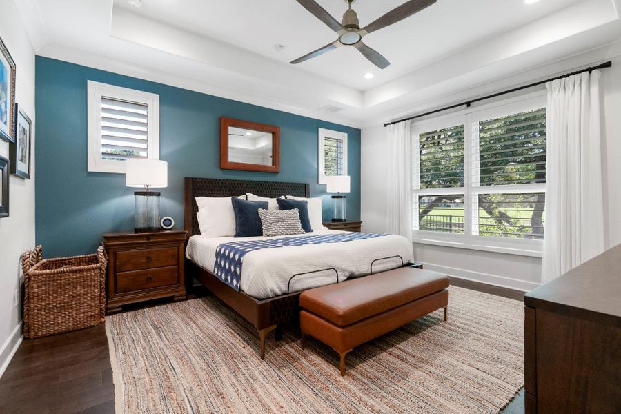 Beautiful views of the mature oak trees from the owner's suite. Beautiful views of the mature oak trees from the owner's suite.