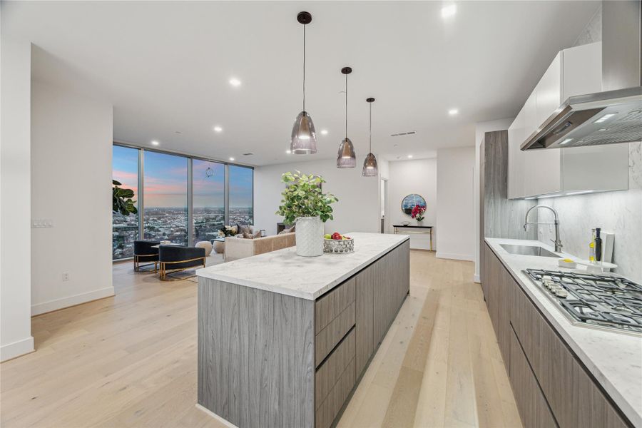 The kitchen is equipped with premium Thermador appliances and a custom built-out pantry. The kitchen is equipped with premium Thermador appliances and a custom built-out pantry.