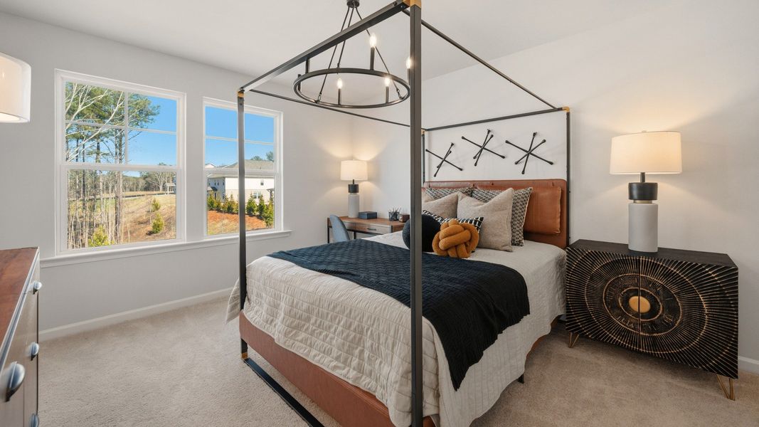 Bedroom with bright natural lighting from windows and carpet Bedroom with bright natural lighting from windows and carpet