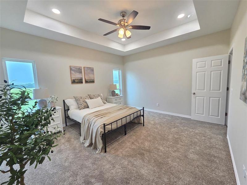 Carpeted bedroom with multiple windows, a raised ceiling, recessed lighting, and a ceiling fan Carpeted bedroom with multiple windows, a raised ceiling, recessed lighting, and a ceiling fan