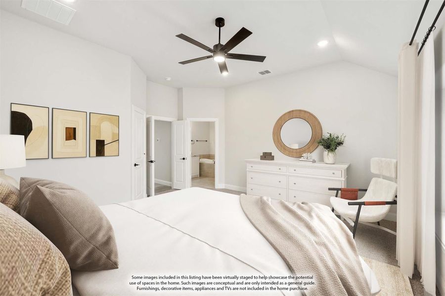 Bright master bedroom with ceiling fan, white dresser, and ensuite bathroom doorway visible Bright master bedroom with ceiling fan, white dresser, and ensuite bathroom doorway visible