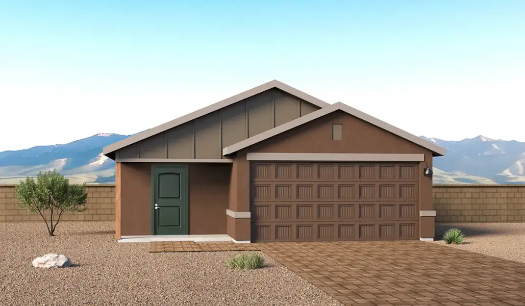 Front exterior of a new home in Sorrel Ridge Estates, Tucson, AZ, highlighting curb appeal (Image 1). Front exterior of a new home in Sorrel Ridge Estates, Tucson, AZ, highlighting curb appeal (Image 1).