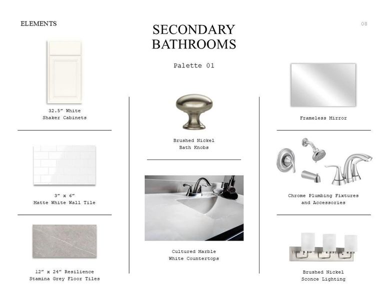Elements Look Palette 1: Secondary Bathroom Selection Sheet (*Artist rendering used for illustration purposes only.)